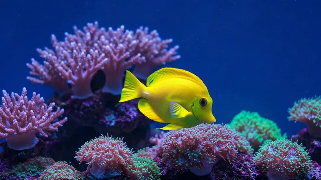 Yellow tang swimming among coral in a blue aquarium environment