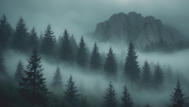 Hipster style fog-covered misty scene with a fir forest in vintage retro design