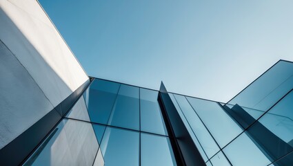 Obraz premium Modern Minimalist Building Facade Showcasing Sleek Surfaces and Reflective Glass in Urban Settings