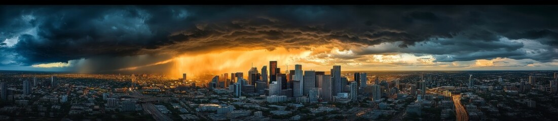 Dramatic Cityscape at Sunset Under Stormy Clouds