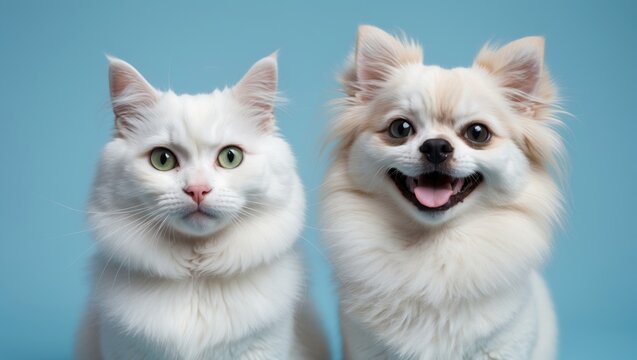 Portrait of an adorable Pomeranian dog along with a cat crawling out of a hole in a colorful setting. Text area available. Wide-angle horizontal wallpaper or web banner.