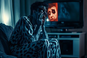 Fototapeta premium Vampire in pajamas watching a horror movie, scared expression