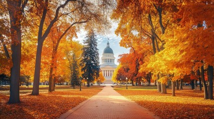 Naklejka premium Autumnal splendor of a government building, framed by vibrant fall foliage. Sunlight illuminates the pathway leading to the building