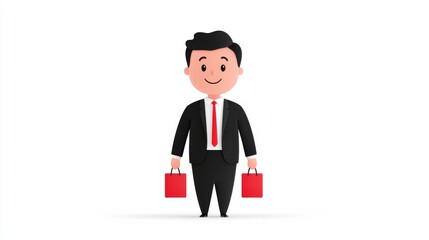 Cartoon Businessman Standing Confidently with Red Briefcases in Minimalist Flat Design Style