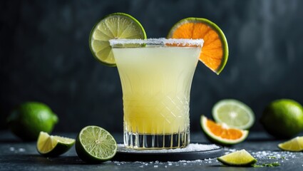 Dark Background with Grey Surface Featuring Mexican Lime Lemon Margarita and Sliced Limes and Oranges