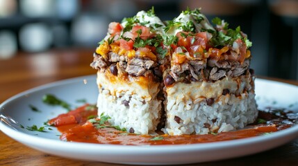 Layered Rice Dish with Meat, Vegetables, and Sauce on Plate
