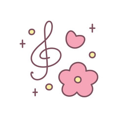 Cute floral illustration. Gentle pastel design featuring treble clef, flower, heart and little sparkles. Simple hand drawn illustration isolated on a white background. Kawaii sticker. Vector 10 EPS.