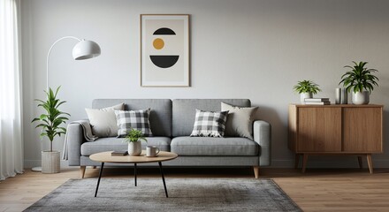 Living room interior with gray sofa, plants and modern art print