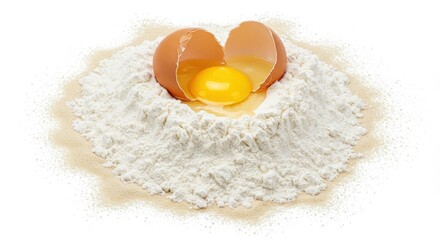 A cracked egg sits in a mound of flour on a white background ready for baking or cooking use