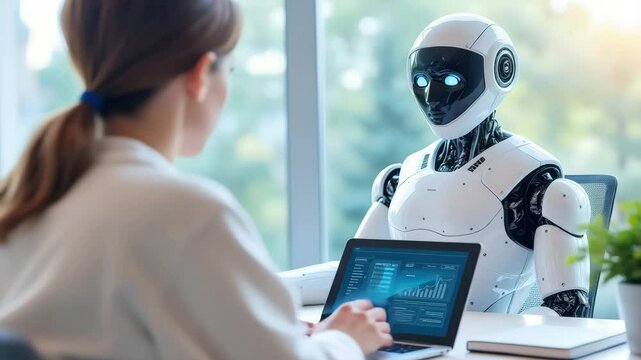 A human is interacting with a humanoid robot at a modern workspace, showcasing advanced technology and AI integration.