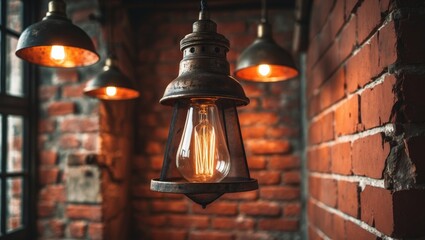 Hanging metal shades on the ceiling complement a brick wall for a retro vibe.