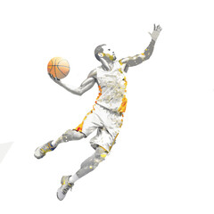 Vector illustration of a basketball player jumping with a ball drawn with paints