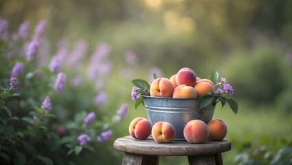 Stool holding a metal bucket of ripe peaches with purple blossoms nearby