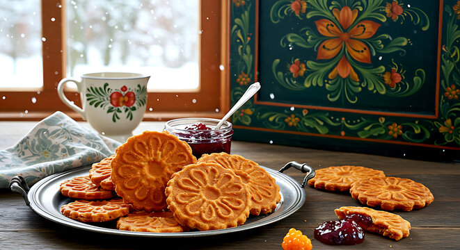 Norwegian krumkake, delicate rolled waffle cookies with floral patterns