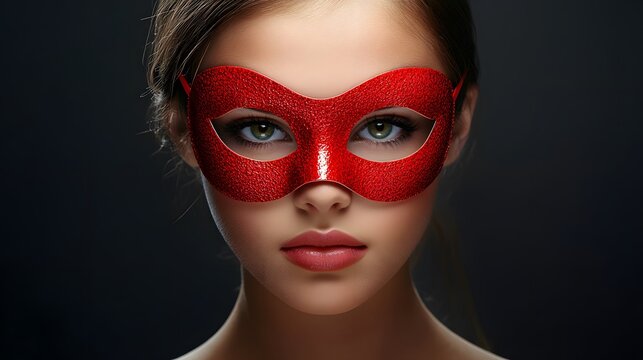 Mysterious Woman Wearing Red Glitter Mask, Closeup Portrait
