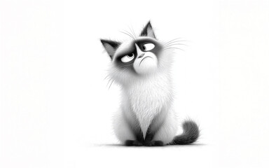 Cute grumpy cartoon cat with expressive face and fluffy fur sitting on white background