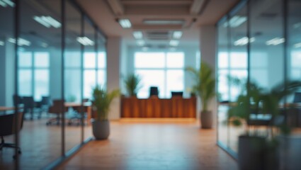 Modern office interior with a vintage-style blurred background featuring panoramic windows and wooden floors