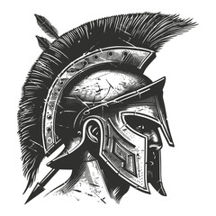 Ancient warrior helmet, bold vintage engraving style, black sketch, arrow through helmet, retro battle armor art, heroic knight gear, old school tattoo design, historic warrior symbol
