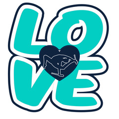 “Love” written in bold rounded letters with a rhythmic gymnast holding clubs placed at the center of the word. Two-tone vector design with lighter blue and darker black