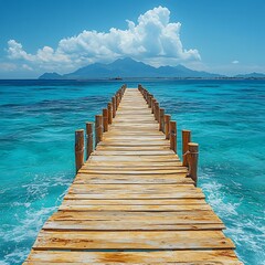 Wooden pier extending into tranquil turquoise ocean, mountains in distance