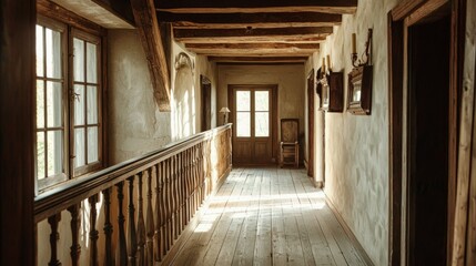 Obraz premium Serene Wooden Corridor in Rustic Architecture with Natural Light