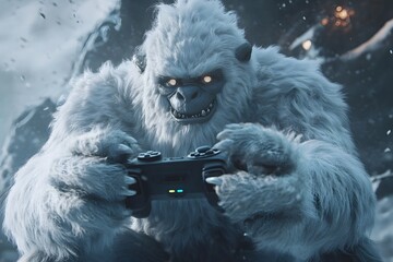Yeti playing video game with oversized fingers
