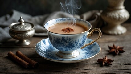 Fototapeta premium Spiced Masala Tea Latte Made at Home: Classic Hot Sweet Milk Beverage in a Porcelain Cup on Wooden Surface