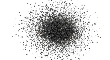 A scattering of small dark pebbles and grains on a bright white background creating a dense cluster