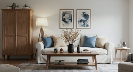 Living room with white sofa and wooden furniture in a bright interior setting