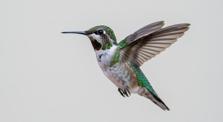 Fototapeta premium A hummingbird with green and white feathers flying with its wings spread against a white background