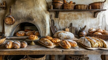 Freshly Baked Artisan Bread Display in Rustic Bakery Setting