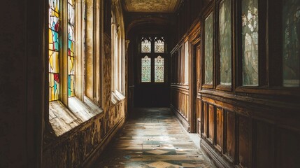 Fototapeta premium Serene Historic Hallway with Stained Glass in Old Building