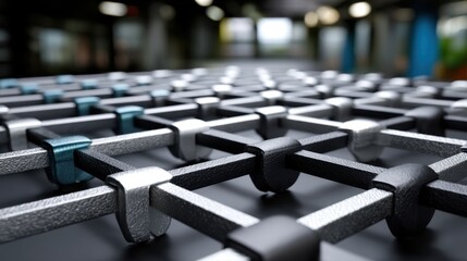 Obraz premium Close-up of a metallic grid structure with black, gray, and teal elements, industrial and modern design