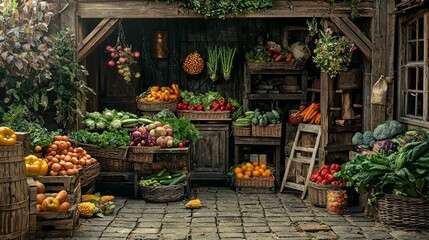 Fototapeta premium Fresh Vegetables and Fruits Displayed in Rustic Marketplace Setting