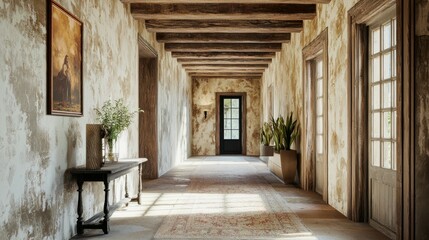 Serene Rustic Hallway with Wooden Beams and Natural Light