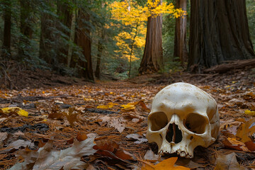 Skull rests on autumnal forest floor path.