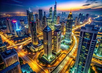 Fototapeta premium Futuristic Night City Aerial, Illuminated Skyscrapers, Low Light