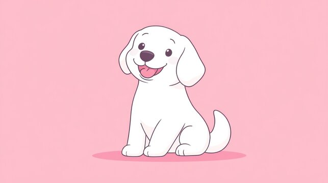 Cute cartoon white puppy sitting, cheerful expression, simple background, suitable for children's products