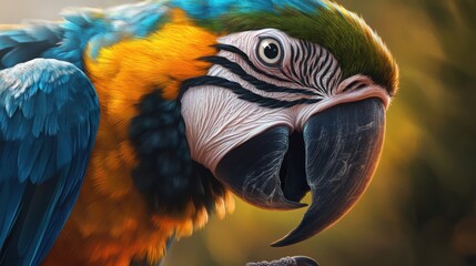 A close-up of a beautiful macaw face, capturing the intensity of its blue and yellow feathers and bright beak.