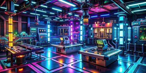 Fototapeta premium Futuristic Robotics Lab - High Tech Glowing Consoles