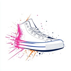 Pop art sneaker design with motion lines and star bursts, isolated on pristine white with print margins.