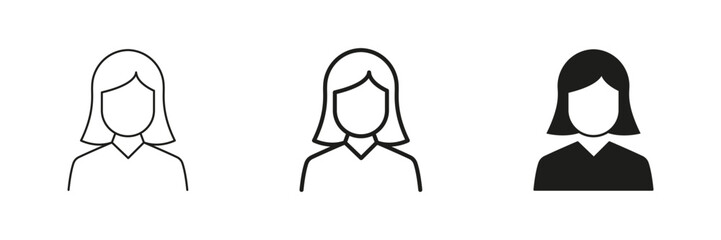 Female Avatar Line and Silhouette Icon Set. Woman with Shoulder Length Hair, User Profile or Contact Information Applications. Editable Stroke. Isolated Vector Illustration