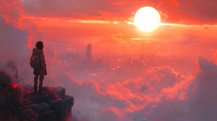 Obraz premium A Lone Figure Observes the Crimson Dawn Above a Distant Glowing City Ultra High Resolution Desktop Wallpaper Suitable for Art and 4k Displays