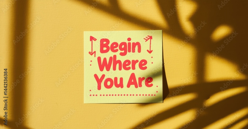 Fototapete Yellow wall displays note with motivational text. Shadows create interesting visual contrast, simple composition.