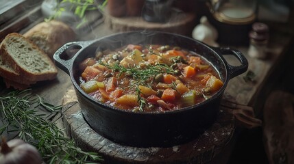 Warm Vegetable Stew in Cast Iron Pot on Rustic Wooden Table