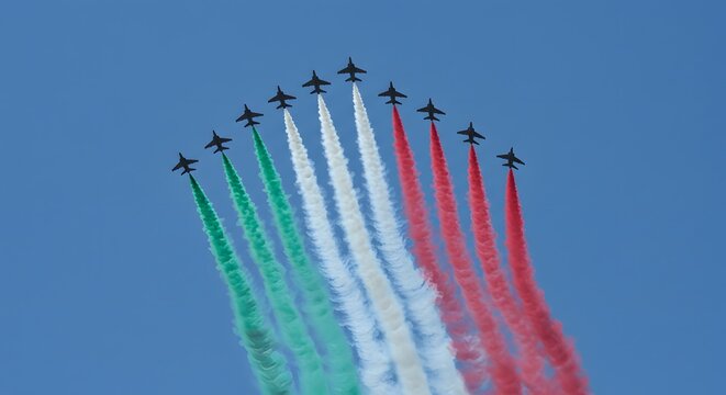 Aerobatic Team Performance Leaving Trails Forming Italian Flag Against Blue Sky