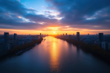 Fototapeta premium City river skyline at glowing sunset