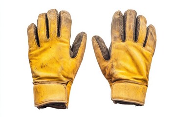 Well worn yellow work gloves show dedication hard work and resilience against a clean white