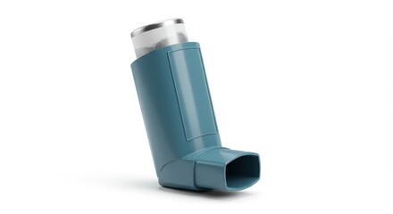Isolated teal asthma inhaler with metal canister on a white background in a studio shot setting