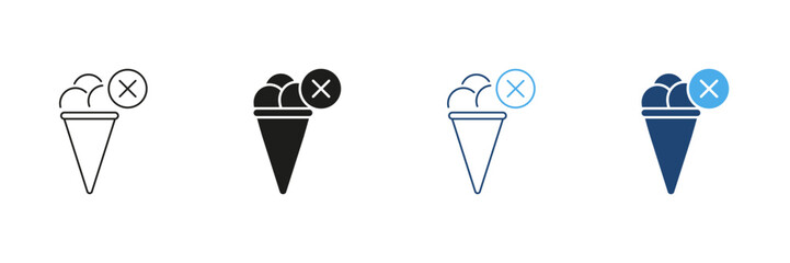 Ice Cream Cone Line and Silhouette Icon Set with Topping and Sprinkles with Cancel Symbol Indicating No Ice Cream Allowed. Editable Stroke. Isolated Vector Illustration
